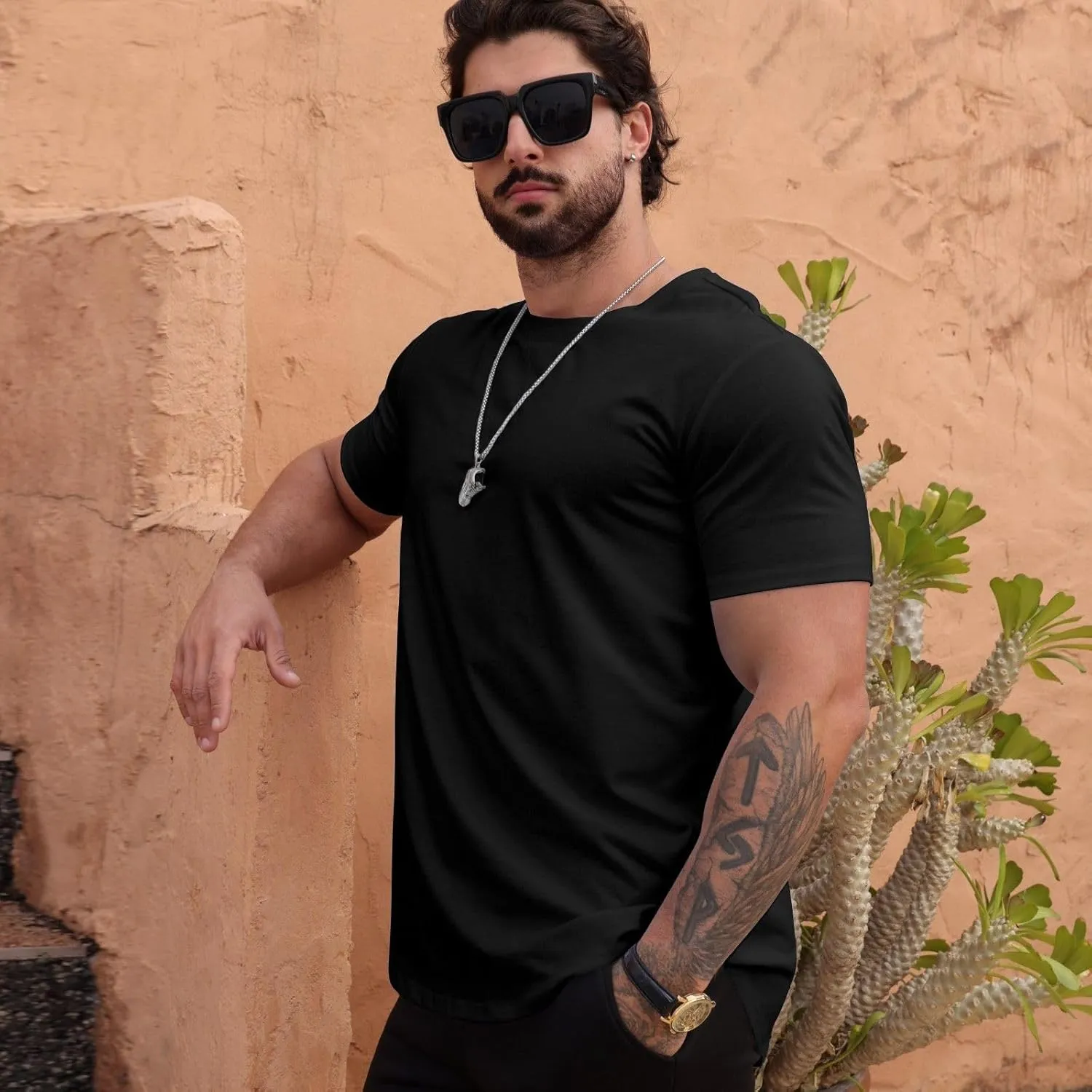 Mens T Shirts Casual Hipster Hip Hop Longline Crewneck Tee Shirts