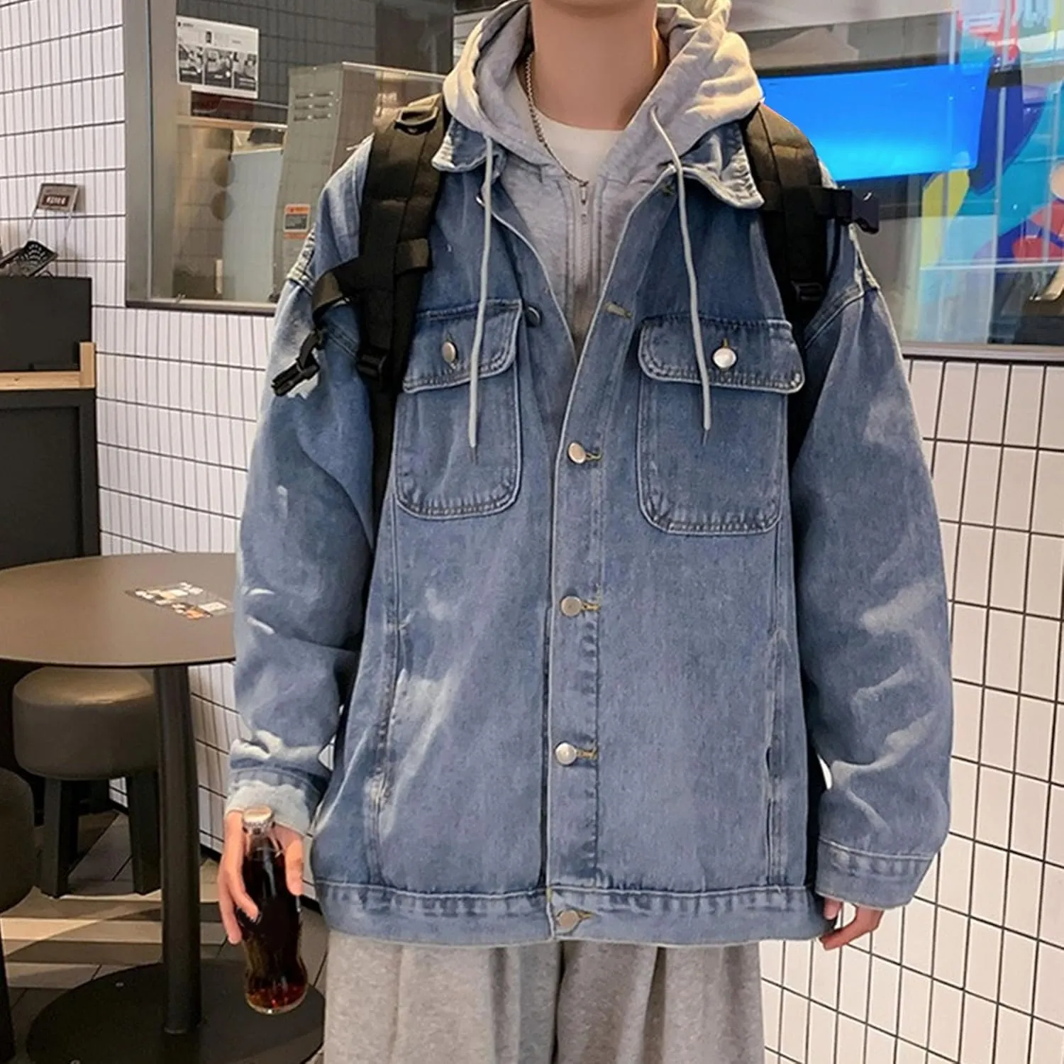 Men's Two Fake Hooded Denim Jackets Spring Fall Single Breasted Cowboys Coat Trendy Long Sleeve Hoodies Outwear
