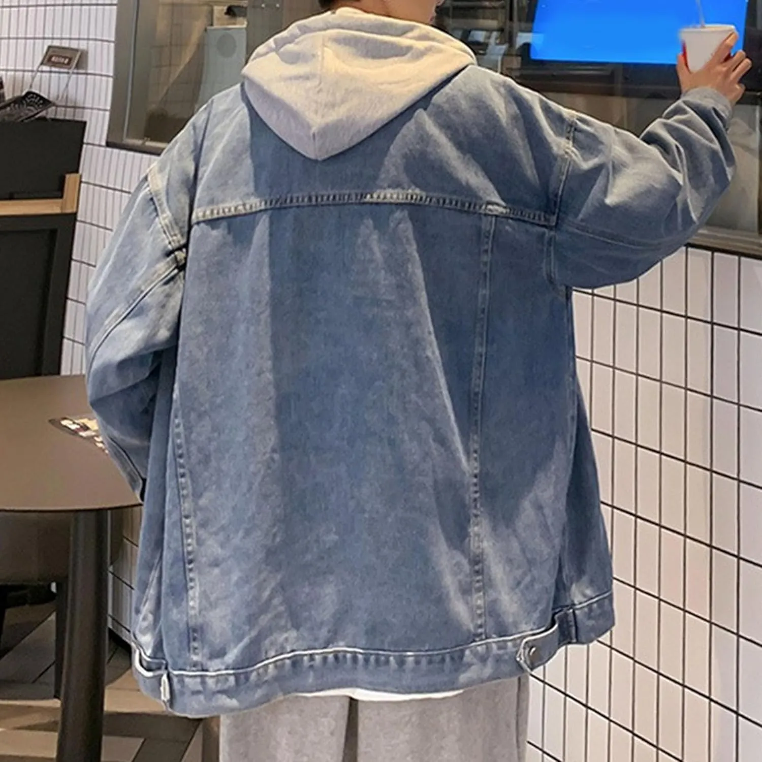 Men's Two Fake Hooded Denim Jackets Spring Fall Single Breasted Cowboys Coat Trendy Long Sleeve Hoodies Outwear