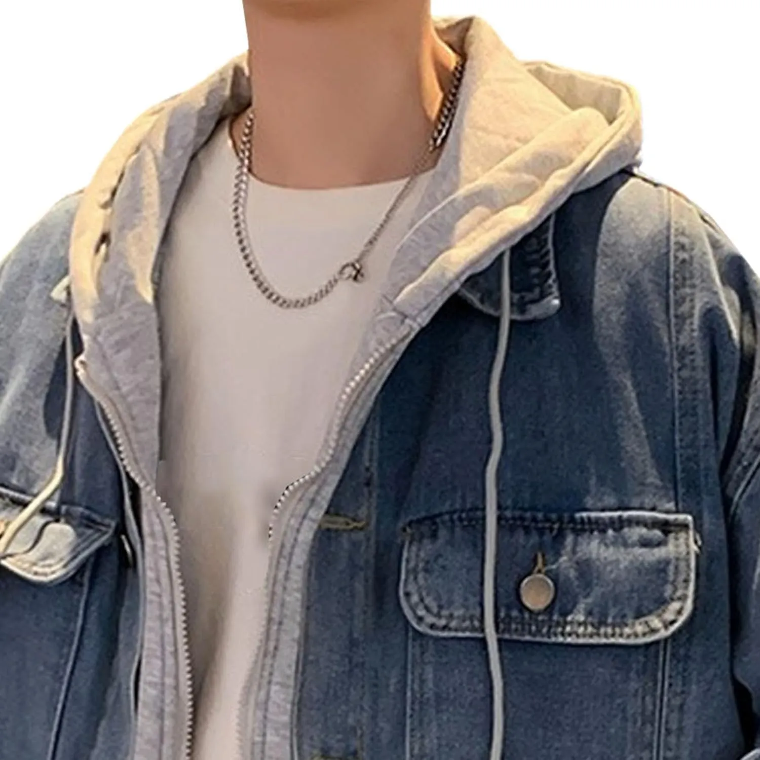 Men's Two Fake Hooded Denim Jackets Spring Fall Single Breasted Cowboys Coat Trendy Long Sleeve Hoodies Outwear
