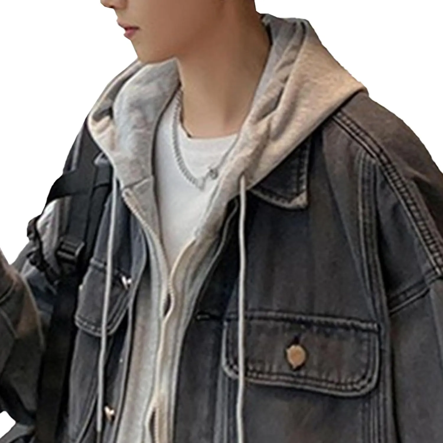Men's Two Fake Hooded Denim Jackets Spring Fall Single Breasted Cowboys Coat Trendy Long Sleeve Hoodies Outwear