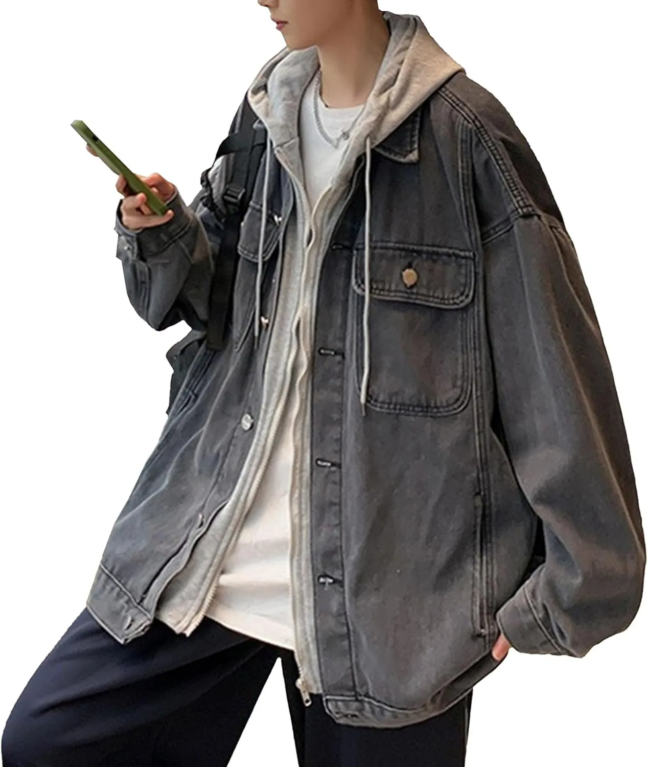 Men's Two Fake Hooded Denim Jackets Spring Fall Single Breasted Cowboys Coat Trendy Long Sleeve Hoodies Outwear