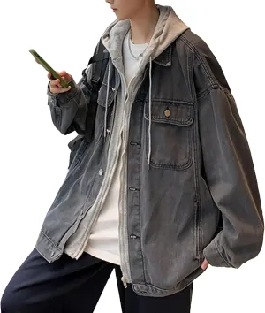 Men's Two Fake Hooded Denim Jackets Spring Fall Single Breasted Cowboys Coat Trendy Long Sleeve Hoodies Outwear