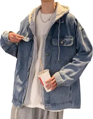 Men's Two Fake Hooded Denim Jackets Spring Fall Single Breasted Cowboys Coat Trendy Long Sleeve Hoodies Outwear