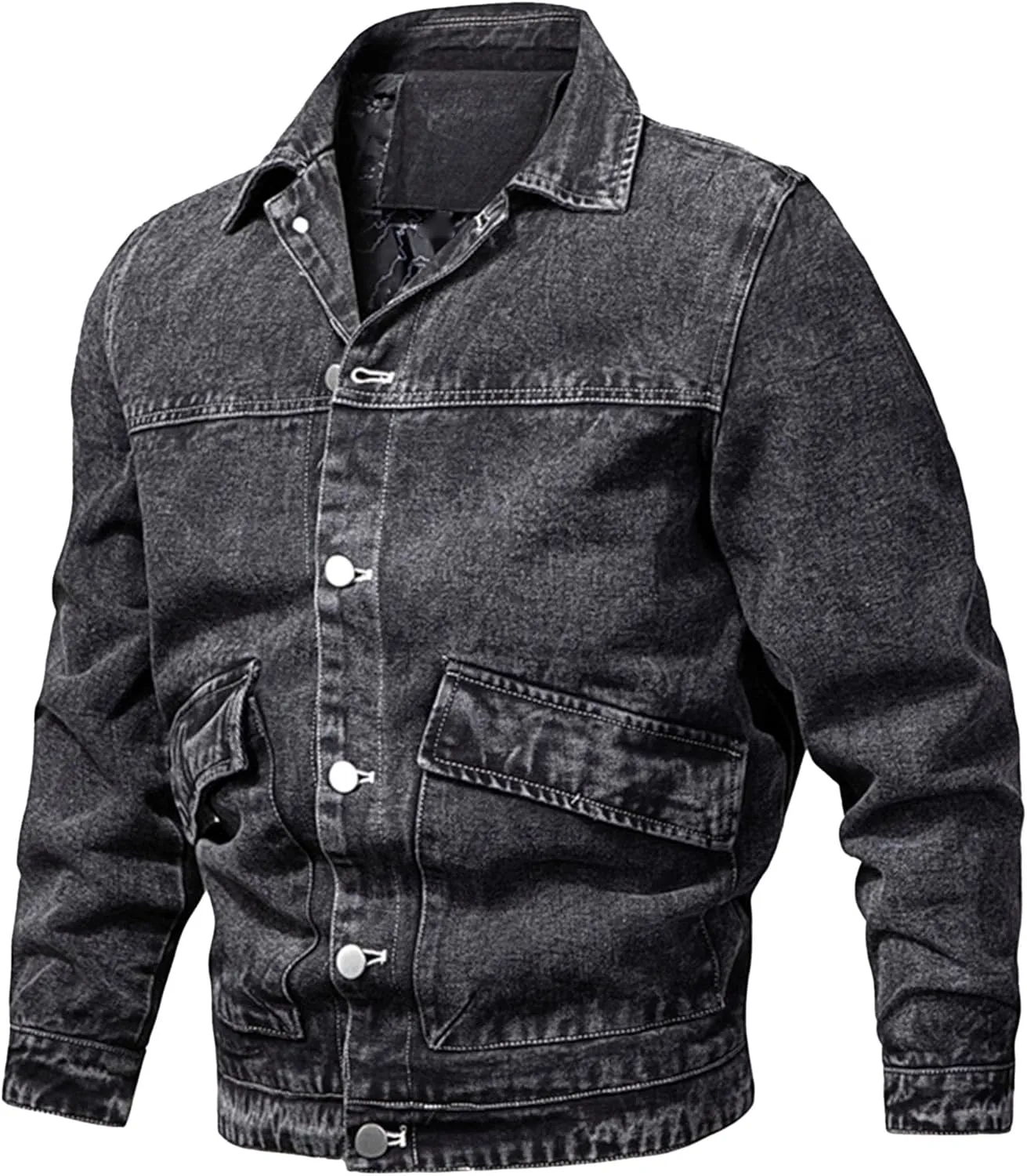 Men's Washed Denim Jacket Long Sleeve Button Down Trucker Coat with Pocket Distressed Casual Fall Jean Jackets