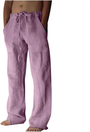 Men's Wide Leg Pant Men's Elastic Waist Blended Breathable Comfortable Soft Beach Casual Trousers Solid Color Trousers
