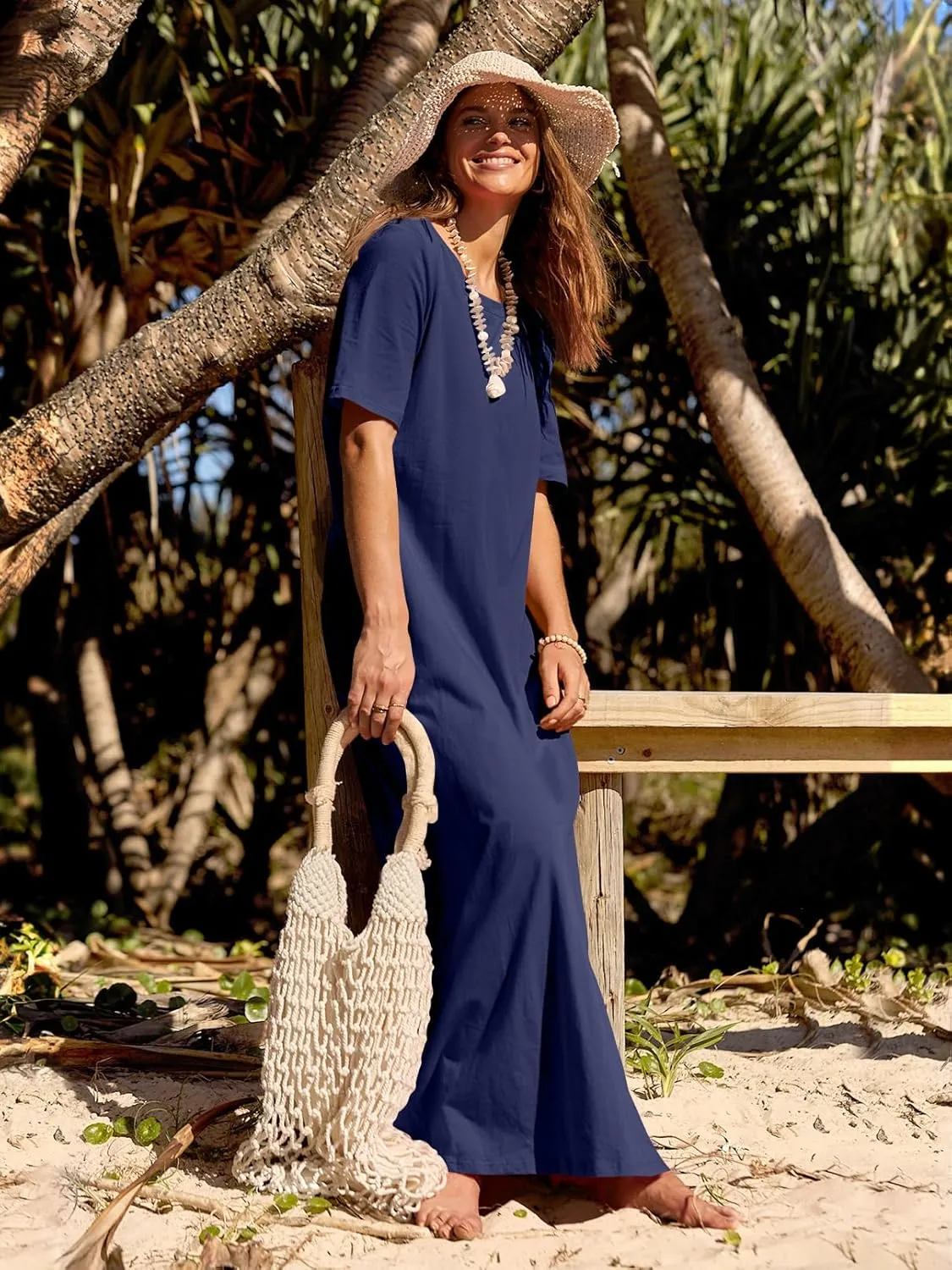 MEROKEETY Women's 2025 Spring Summer Casual Maxi Dress Beach Vacation Short Sleeve Crewneck Basic Long T Shirt Dresses