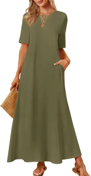 MEROKEETY Women's 2025 Spring Summer Casual Maxi Dress Beach Vacation Short Sleeve Crewneck Basic Long T Shirt Dresses
