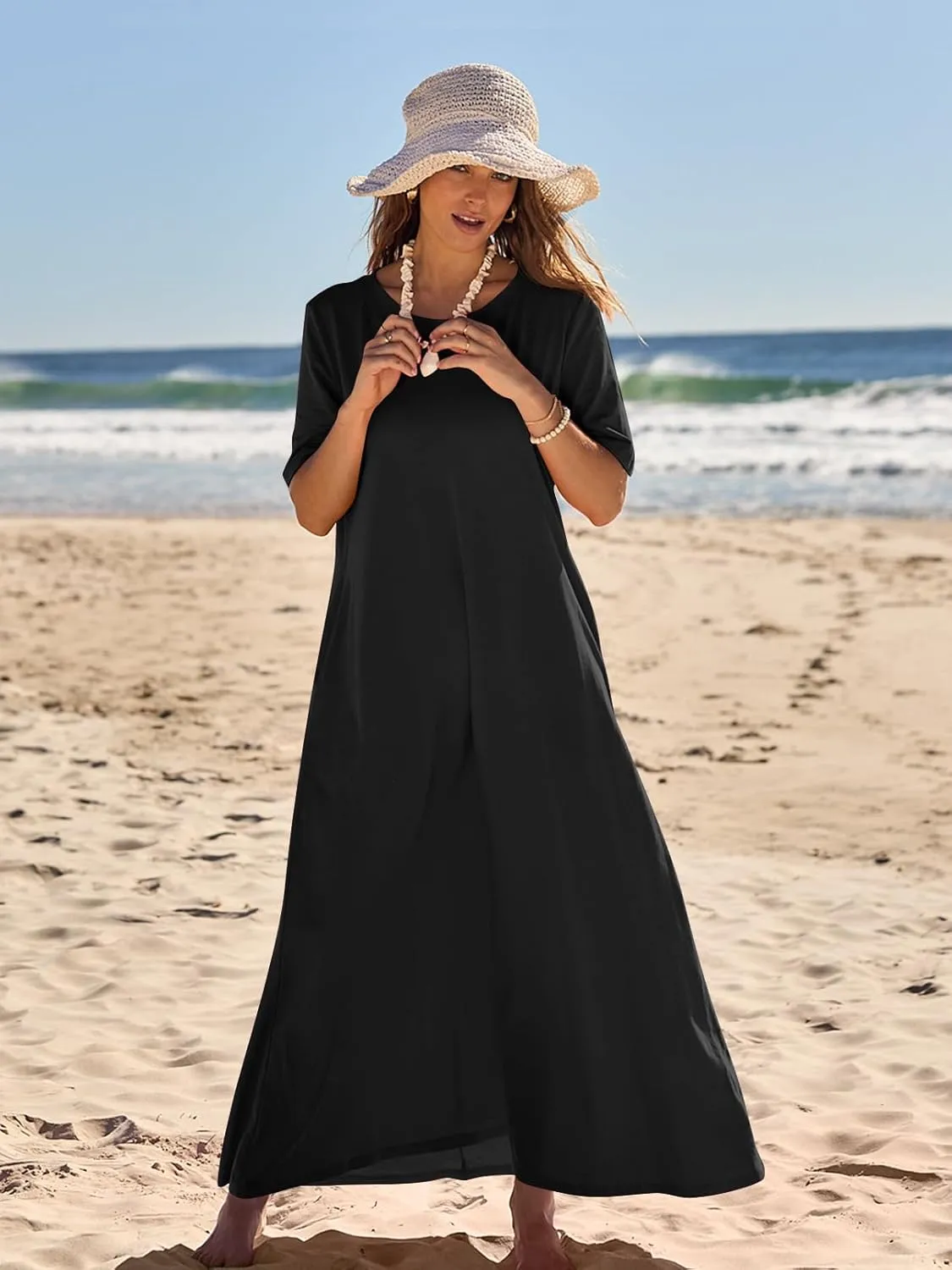 MEROKEETY Women's 2025 Spring Summer Casual Maxi Dress Beach Vacation Short Sleeve Crewneck Basic Long T Shirt Dresses