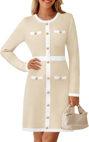 MEROKEETY Women's Long Sleeve Bodycon Sweater Dress Crewneck Color Block Button Knit Formal Midi Dresses