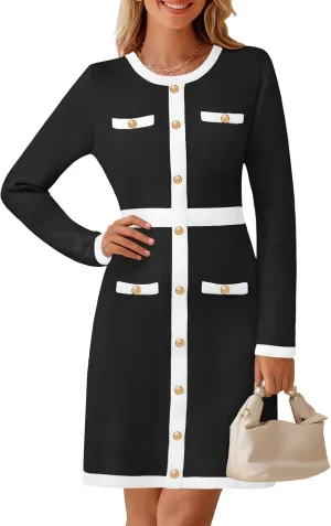 MEROKEETY Women's Long Sleeve Bodycon Sweater Dress Crewneck Color Block Button Knit Formal Midi Dresses