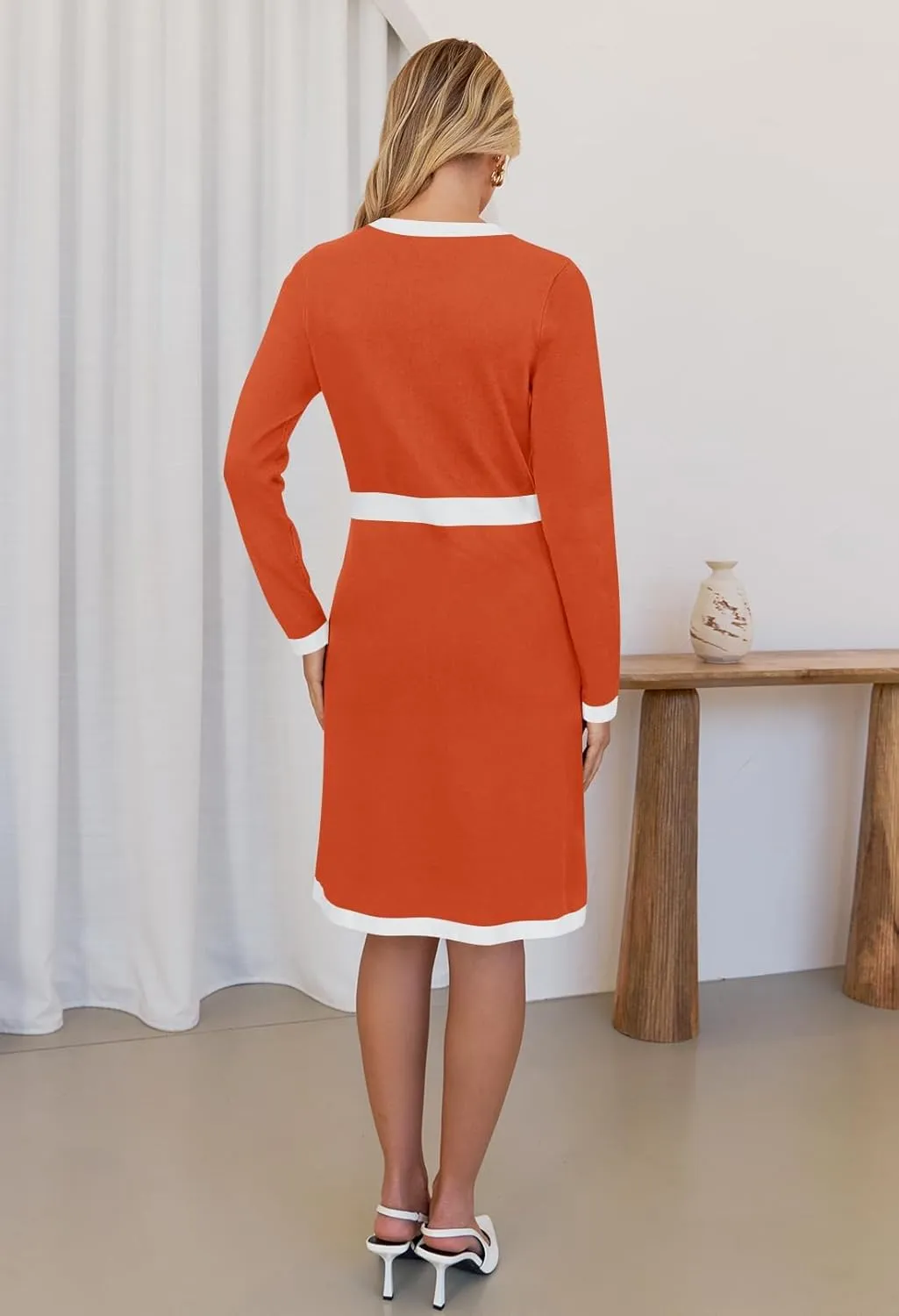 MEROKEETY Women's Long Sleeve Bodycon Sweater Dress Crewneck Color Block Button Knit Formal Midi Dresses