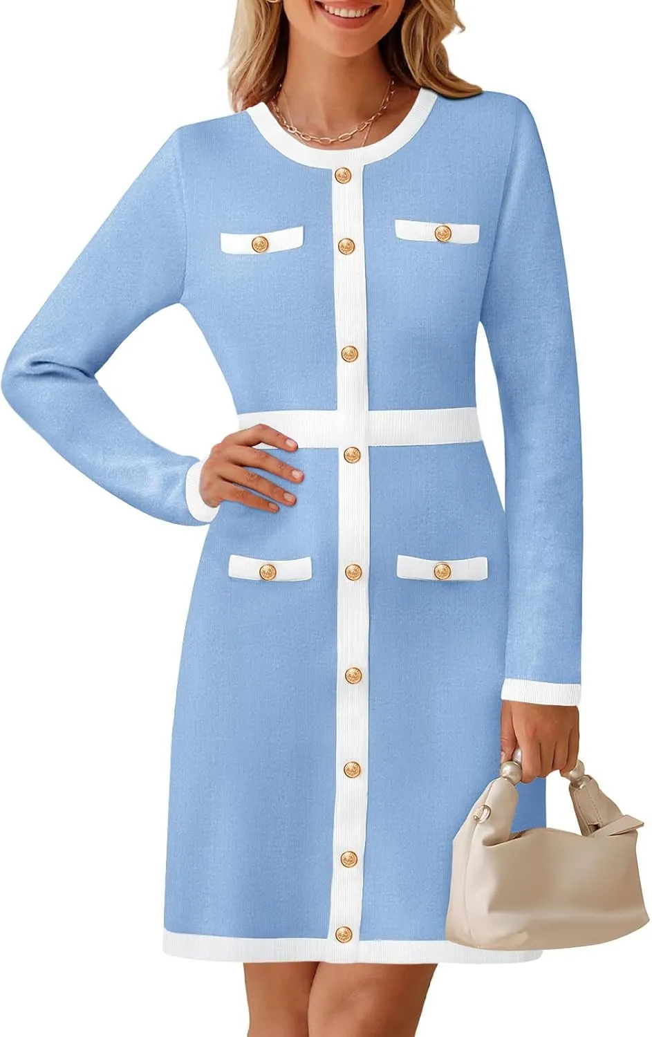 MEROKEETY Women's Long Sleeve Bodycon Sweater Dress Crewneck Color Block Button Knit Formal Midi Dresses