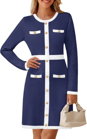 MEROKEETY Women's Long Sleeve Bodycon Sweater Dress Crewneck Color Block Button Knit Formal Midi Dresses
