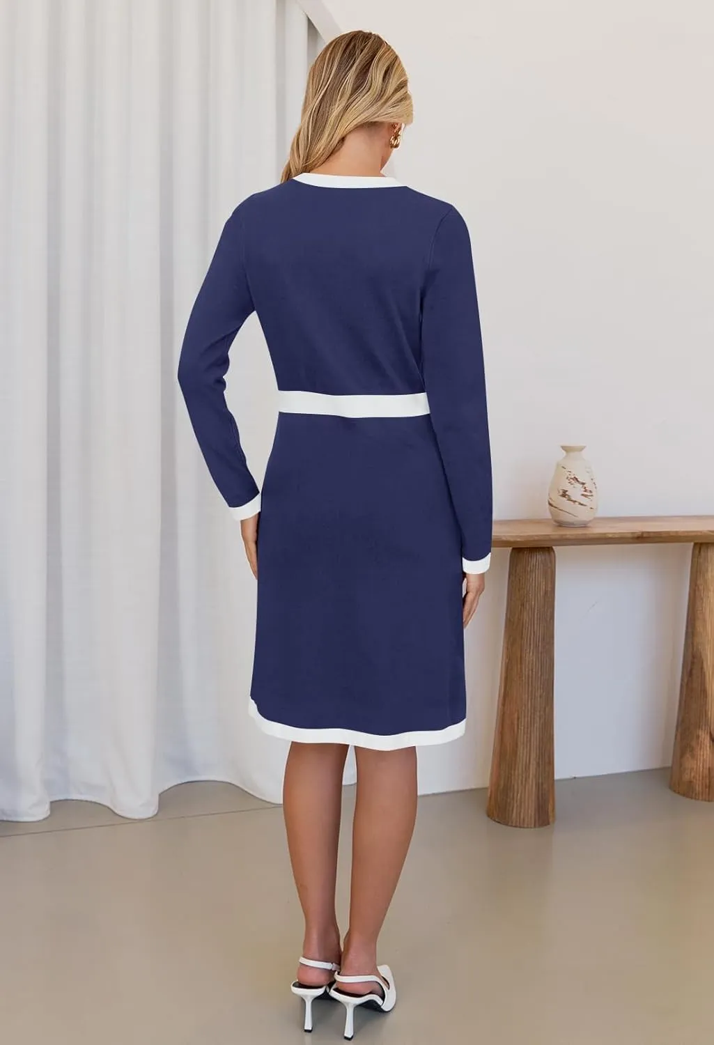 MEROKEETY Women's Long Sleeve Bodycon Sweater Dress Crewneck Color Block Button Knit Formal Midi Dresses
