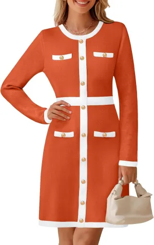 MEROKEETY Women's Long Sleeve Bodycon Sweater Dress Crewneck Color Block Button Knit Formal Midi Dresses