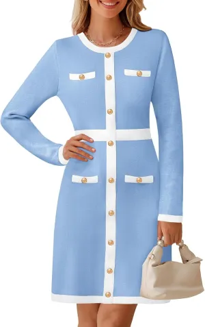 MEROKEETY Women's Long Sleeve Bodycon Sweater Dress Crewneck Color Block Button Knit Formal Midi Dresses