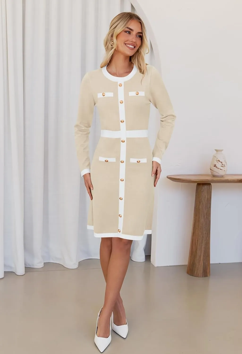 MEROKEETY Women's Long Sleeve Bodycon Sweater Dress Crewneck Color Block Button Knit Formal Midi Dresses