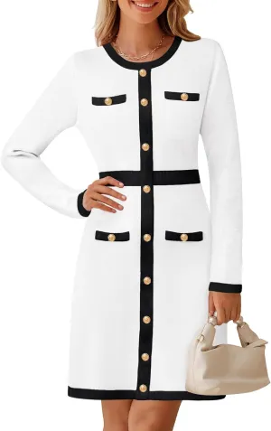 MEROKEETY Women's Long Sleeve Bodycon Sweater Dress Crewneck Color Block Button Knit Formal Midi Dresses
