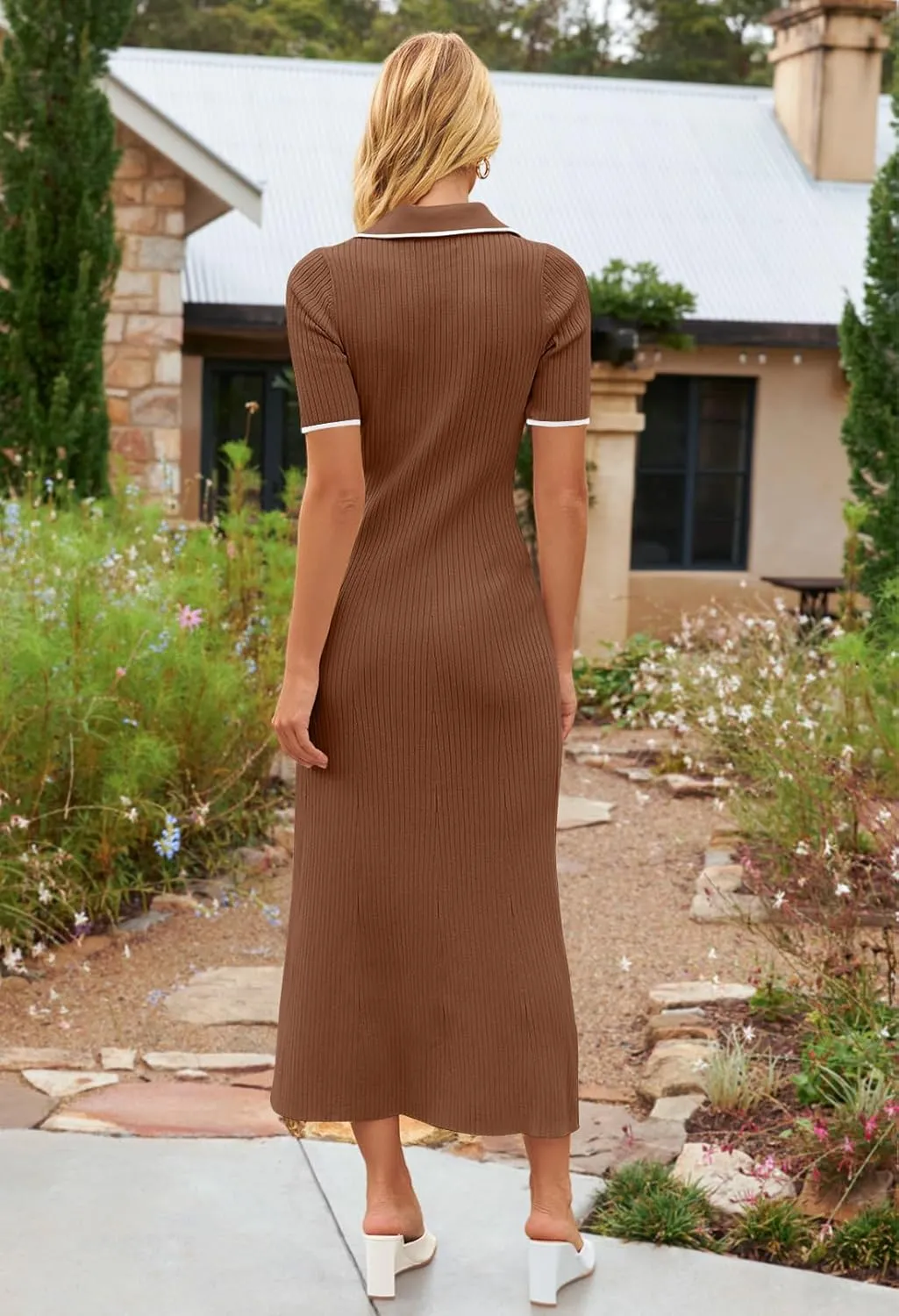 MEROKEETY Women's V Neck Ribbed Knit Maxi Dress Button Short Sleeve Slim Fit Bodycon Sweater Dress