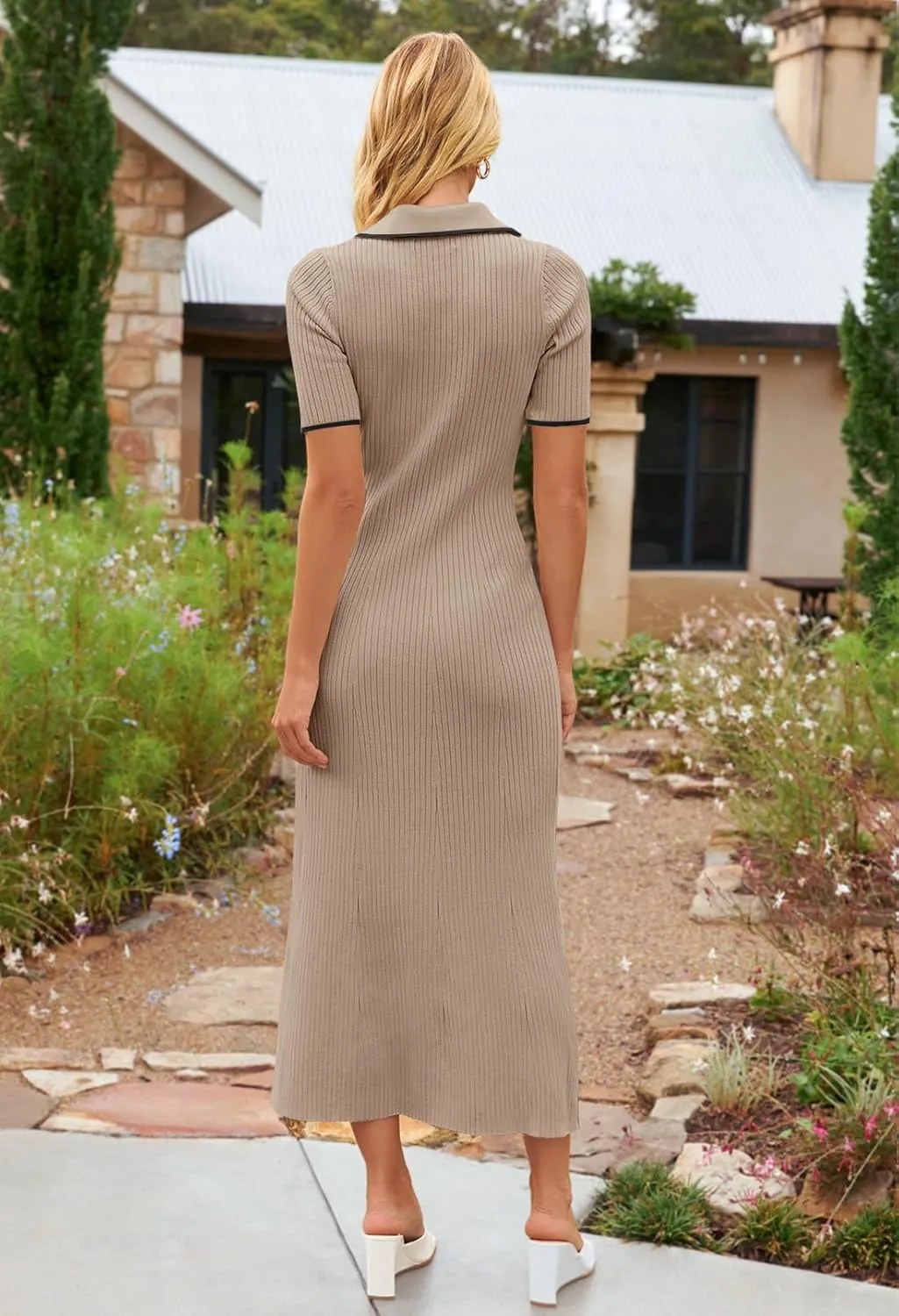MEROKEETY Women's V Neck Ribbed Knit Maxi Dress Button Short Sleeve Slim Fit Bodycon Sweater Dress
