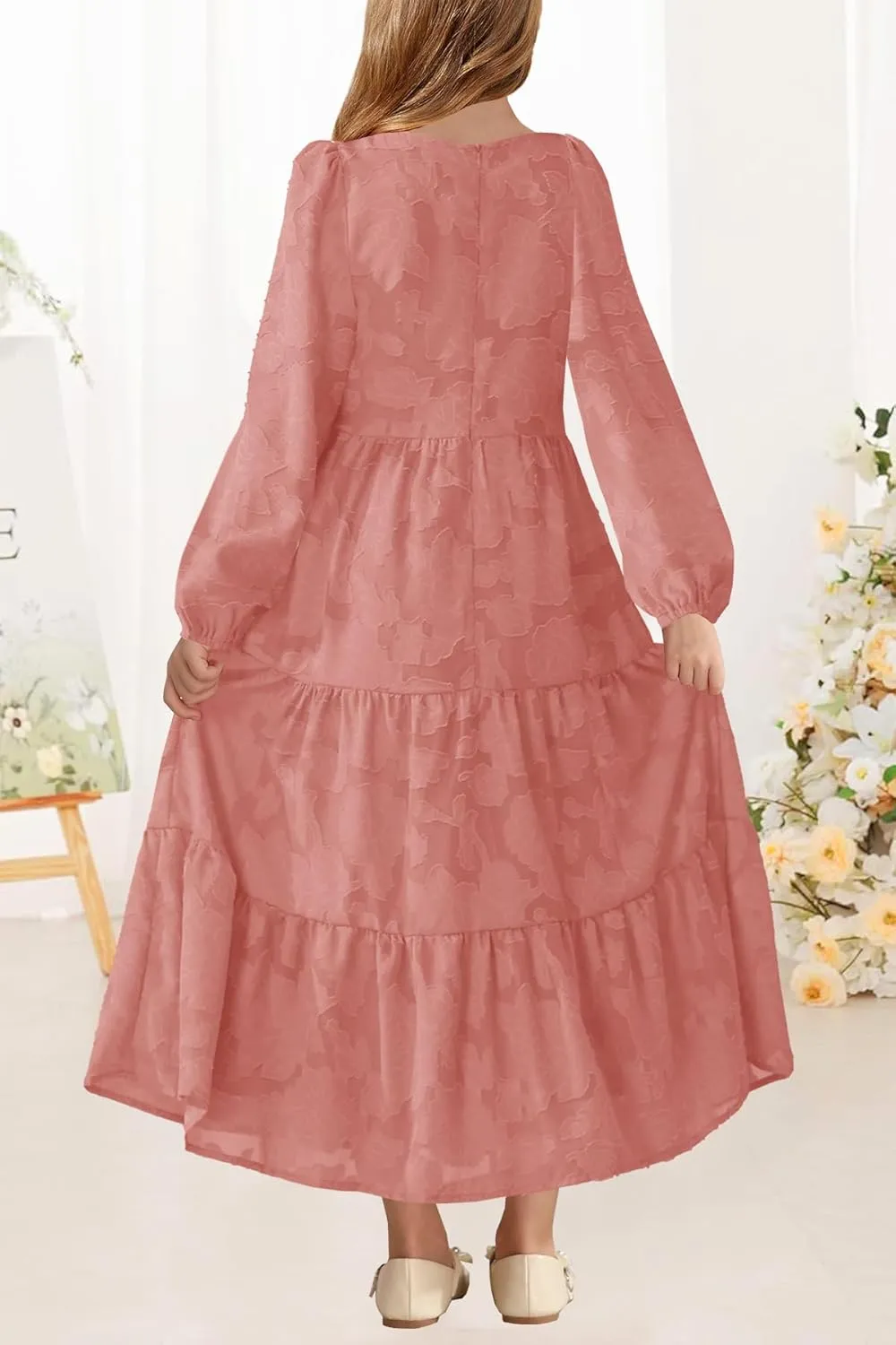 MITILLY Girls Fall Long Sleeve Dress Boho Flower A-Line Ruffle Tiered Flowy Maxi Dresses for Wedding Party 6-12 Years