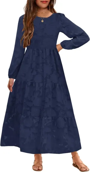 MITILLY Girls Fall Long Sleeve Dress Boho Flower A-Line Ruffle Tiered Flowy Maxi Dresses for Wedding Party 6-12 Years