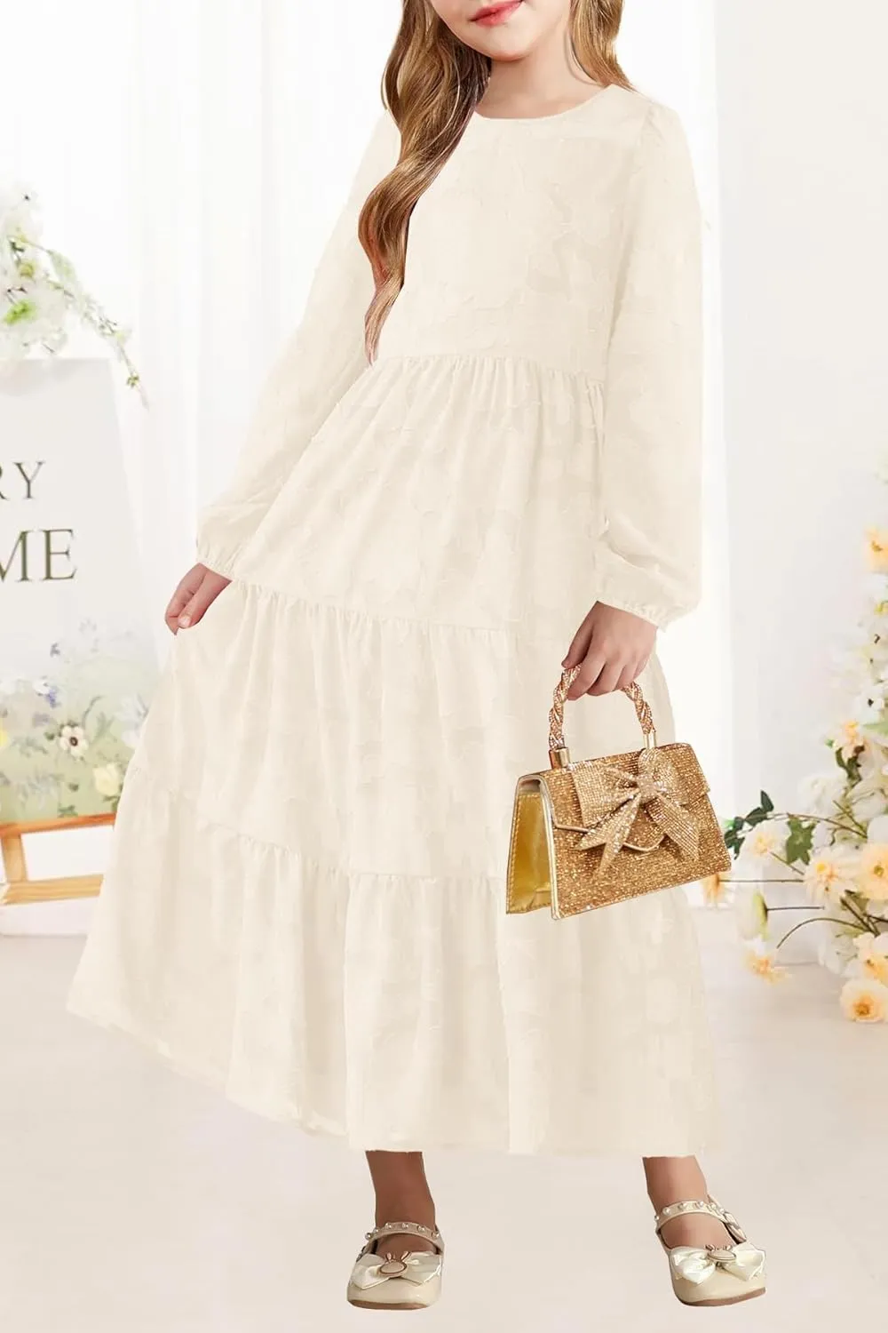 MITILLY Girls Fall Long Sleeve Dress Boho Flower A-Line Ruffle Tiered Flowy Maxi Dresses for Wedding Party 6-12 Years