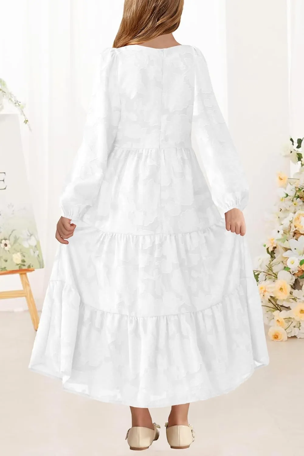 MITILLY Girls Fall Long Sleeve Dress Boho Flower A-Line Ruffle Tiered Flowy Maxi Dresses for Wedding Party 6-12 Years