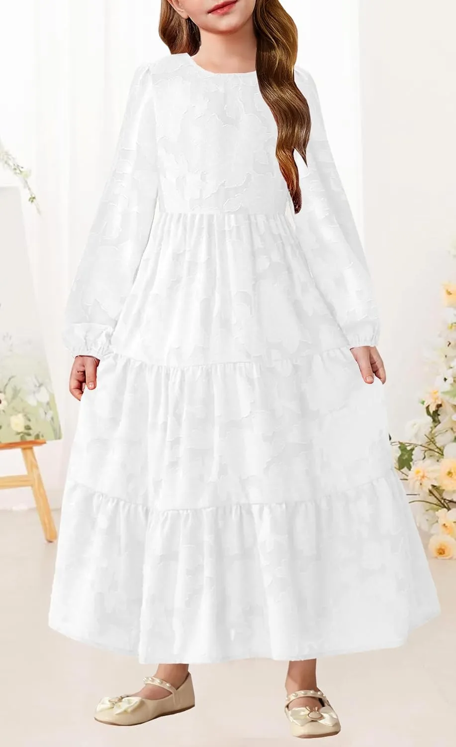 MITILLY Girls Fall Long Sleeve Dress Boho Flower A-Line Ruffle Tiered Flowy Maxi Dresses for Wedding Party 6-12 Years