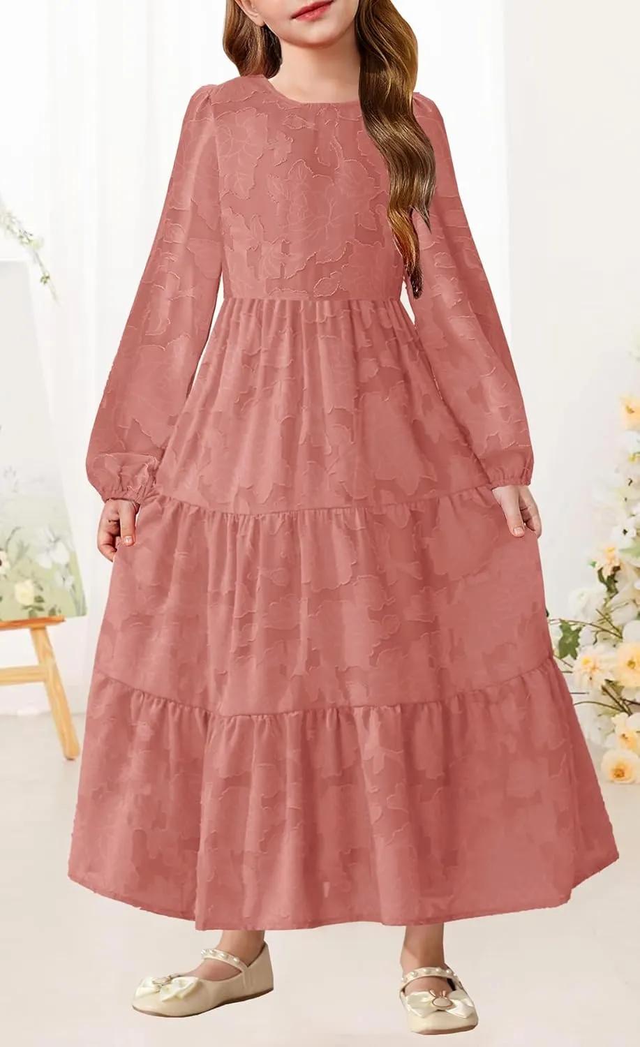 MITILLY Girls Fall Long Sleeve Dress Boho Flower A-Line Ruffle Tiered Flowy Maxi Dresses for Wedding Party 6-12 Years