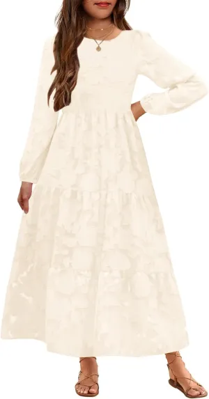 MITILLY Girls Fall Long Sleeve Dress Boho Flower A-Line Ruffle Tiered Flowy Maxi Dresses for Wedding Party 6-12 Years