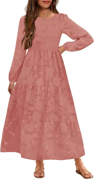 MITILLY Girls Fall Long Sleeve Dress Boho Flower A-Line Ruffle Tiered Flowy Maxi Dresses for Wedding Party 6-12 Years