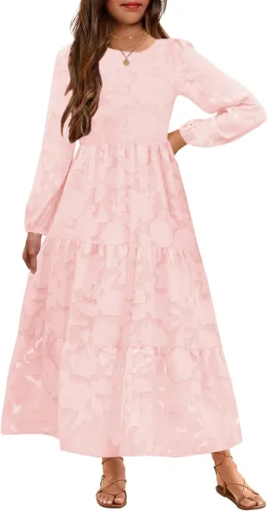 MITILLY Girls Fall Long Sleeve Dress Boho Flower A-Line Ruffle Tiered Flowy Maxi Dresses for Wedding Party 6-12 Years