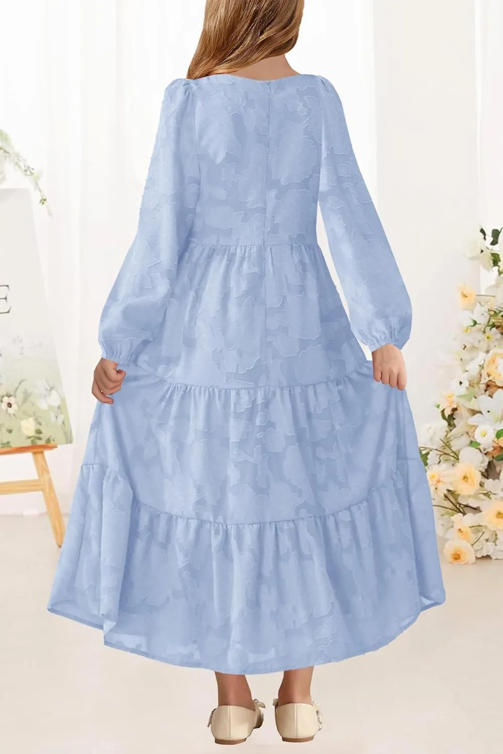 MITILLY Girls Fall Long Sleeve Dress Boho Flower A-Line Ruffle Tiered Flowy Maxi Dresses for Wedding Party 6-12 Years
