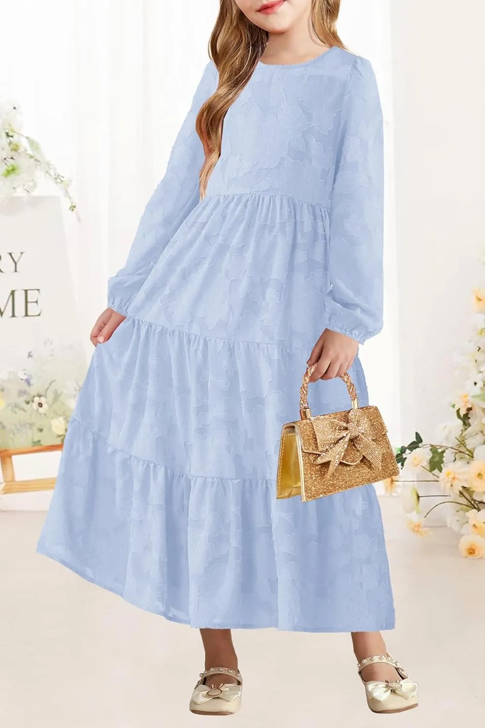 MITILLY Girls Fall Long Sleeve Dress Boho Flower A-Line Ruffle Tiered Flowy Maxi Dresses for Wedding Party 6-12 Years