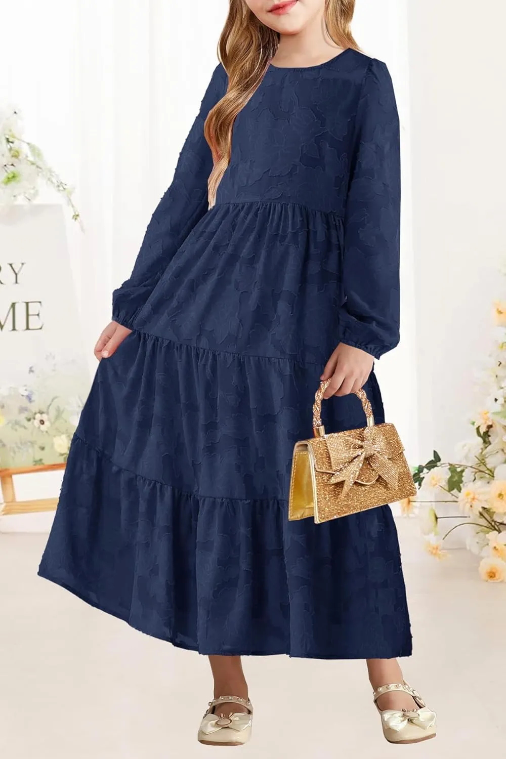 MITILLY Girls Fall Long Sleeve Dress Boho Flower A-Line Ruffle Tiered Flowy Maxi Dresses for Wedding Party 6-12 Years
