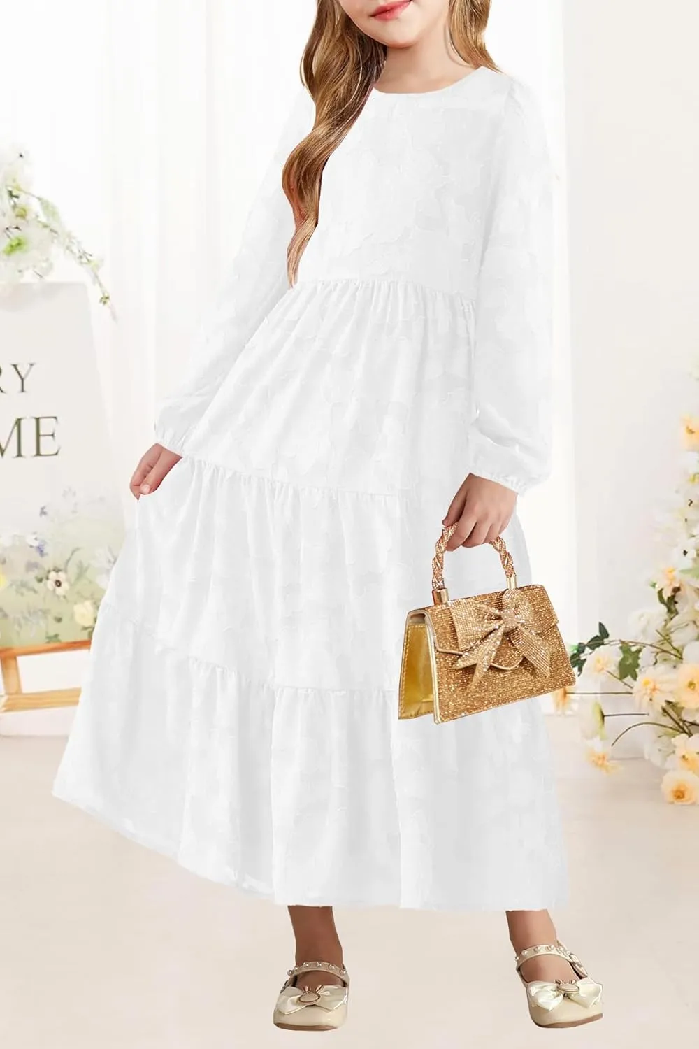MITILLY Girls Fall Long Sleeve Dress Boho Flower A-Line Ruffle Tiered Flowy Maxi Dresses for Wedding Party 6-12 Years