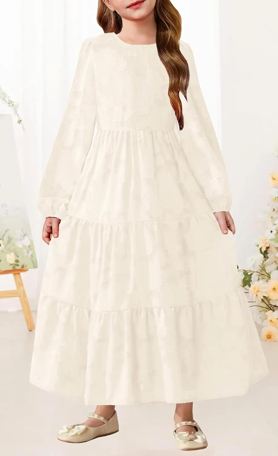 MITILLY Girls Fall Long Sleeve Dress Boho Flower A-Line Ruffle Tiered Flowy Maxi Dresses for Wedding Party 6-12 Years