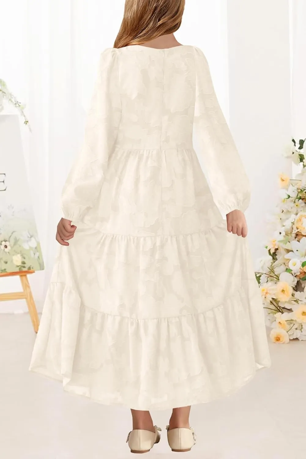 MITILLY Girls Fall Long Sleeve Dress Boho Flower A-Line Ruffle Tiered Flowy Maxi Dresses for Wedding Party 6-12 Years