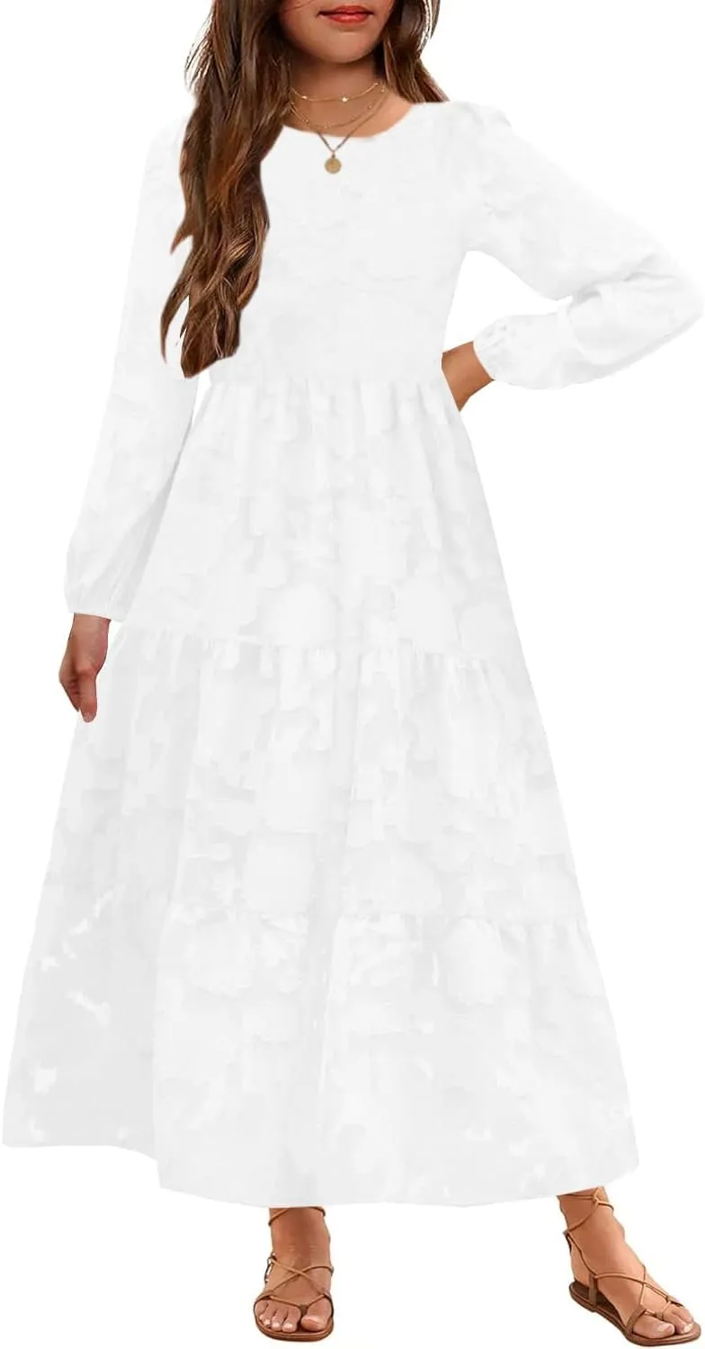 MITILLY Girls Fall Long Sleeve Dress Boho Flower A-Line Ruffle Tiered Flowy Maxi Dresses for Wedding Party 6-12 Years