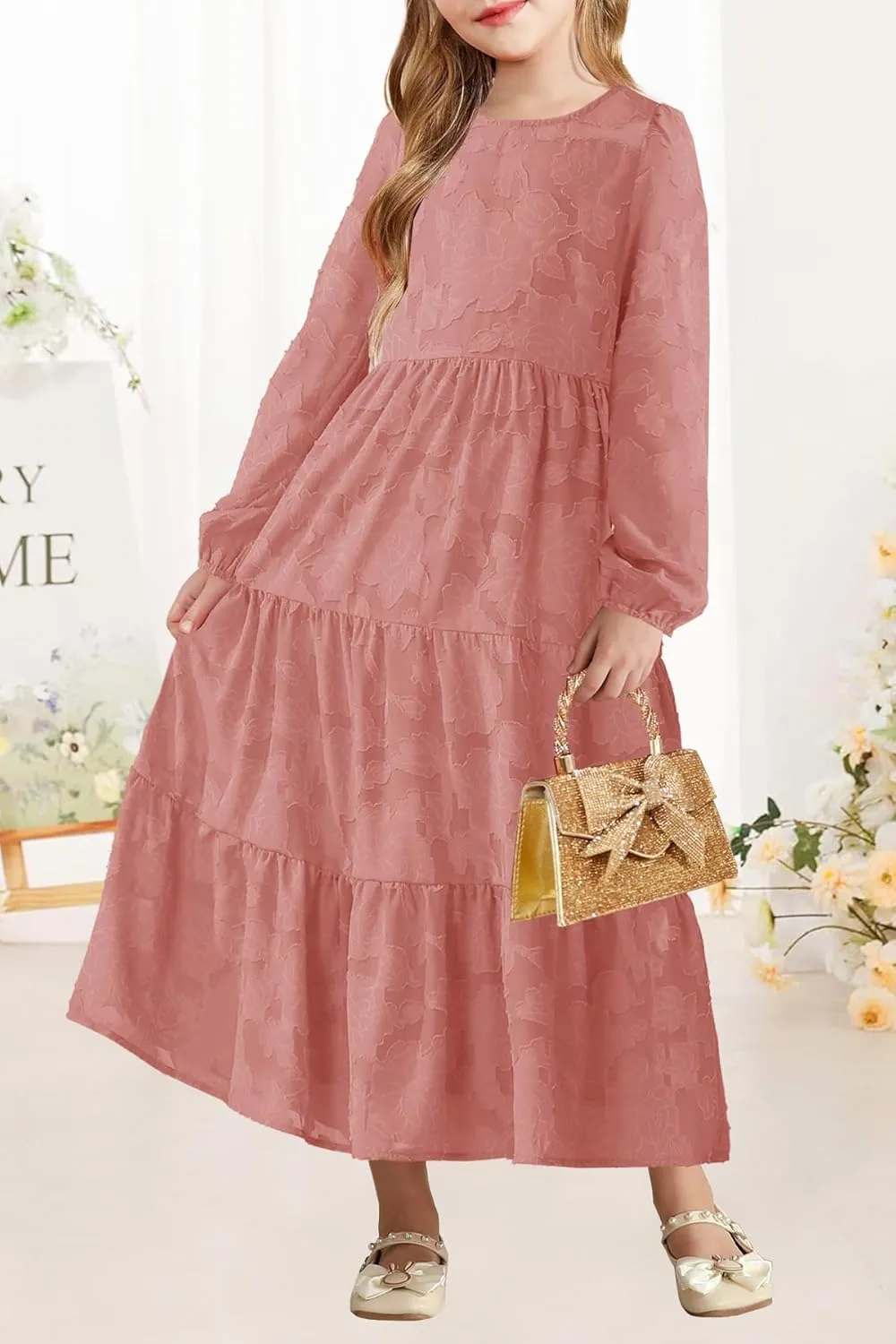 MITILLY Girls Fall Long Sleeve Dress Boho Flower A-Line Ruffle Tiered Flowy Maxi Dresses for Wedding Party 6-12 Years
