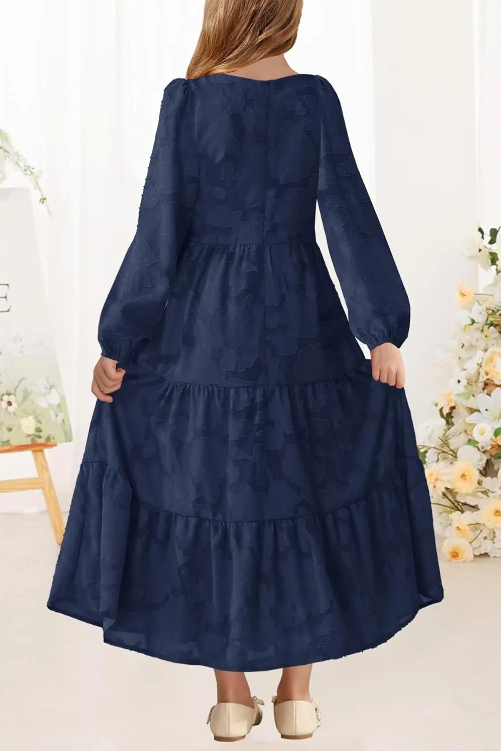 MITILLY Girls Fall Long Sleeve Dress Boho Flower A-Line Ruffle Tiered Flowy Maxi Dresses for Wedding Party 6-12 Years