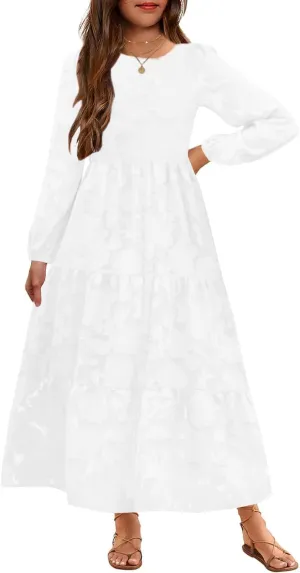 MITILLY Girls Fall Long Sleeve Dress Boho Flower A-Line Ruffle Tiered Flowy Maxi Dresses for Wedding Party 6-12 Years