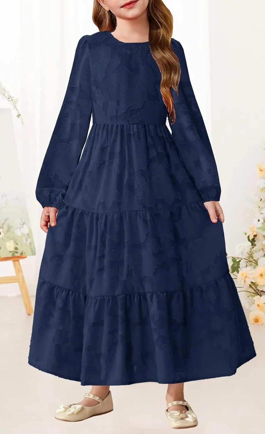 MITILLY Girls Fall Long Sleeve Dress Boho Flower A-Line Ruffle Tiered Flowy Maxi Dresses for Wedding Party 6-12 Years