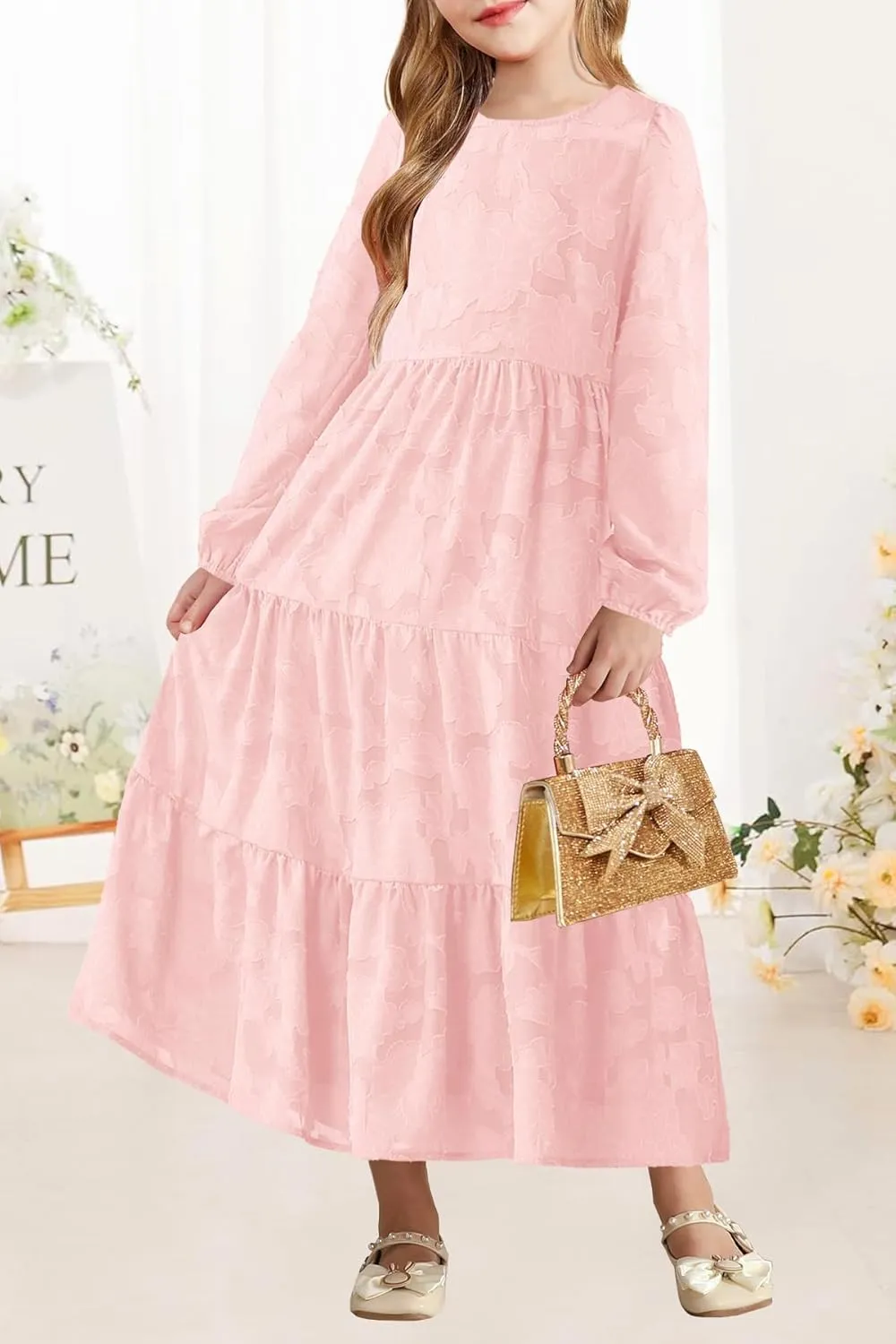 MITILLY Girls Fall Long Sleeve Dress Boho Flower A-Line Ruffle Tiered Flowy Maxi Dresses for Wedding Party 6-12 Years
