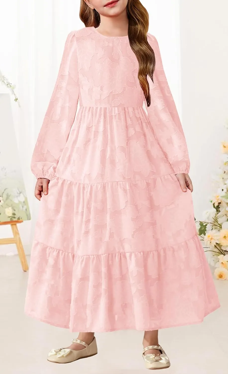 MITILLY Girls Fall Long Sleeve Dress Boho Flower A-Line Ruffle Tiered Flowy Maxi Dresses for Wedding Party 6-12 Years