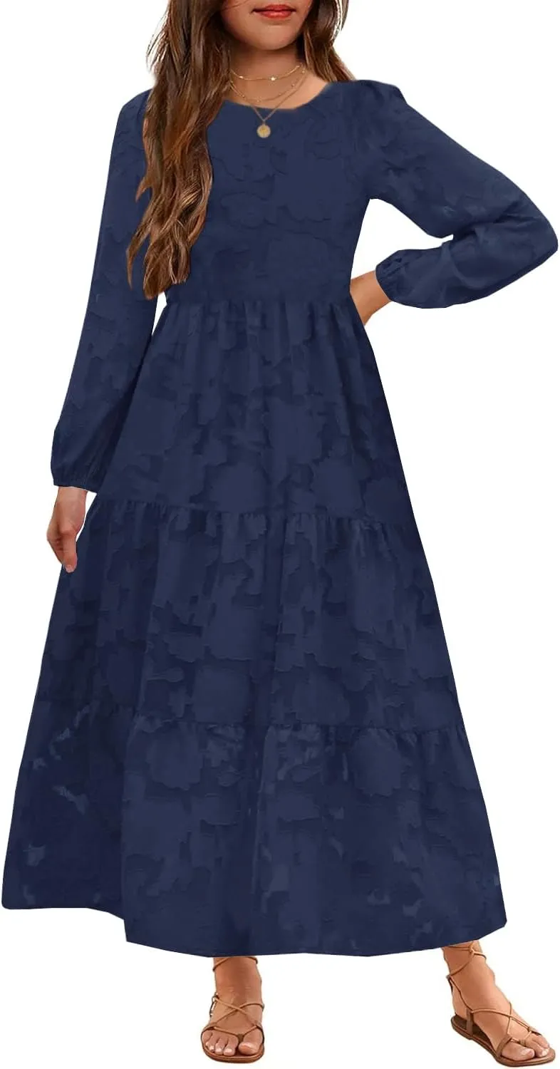 MITILLY Girls Fall Long Sleeve Dress Boho Flower A-Line Ruffle Tiered Flowy Maxi Dresses for Wedding Party 6-12 Years