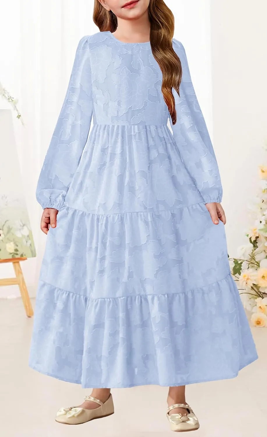 MITILLY Girls Fall Long Sleeve Dress Boho Flower A-Line Ruffle Tiered Flowy Maxi Dresses for Wedding Party 6-12 Years