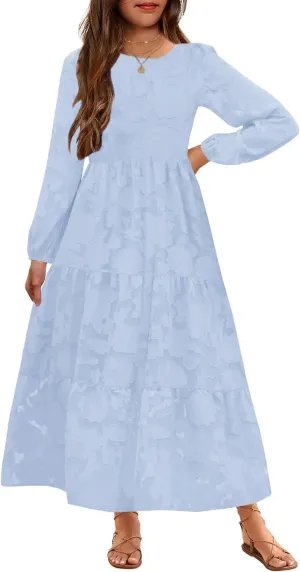 MITILLY Girls Fall Long Sleeve Dress Boho Flower A-Line Ruffle Tiered Flowy Maxi Dresses for Wedding Party 6-12 Years